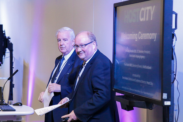 Sir Craig Reedie CBE and Paul Bush OBE announce Host City 2018 theme at SportAccord 2018